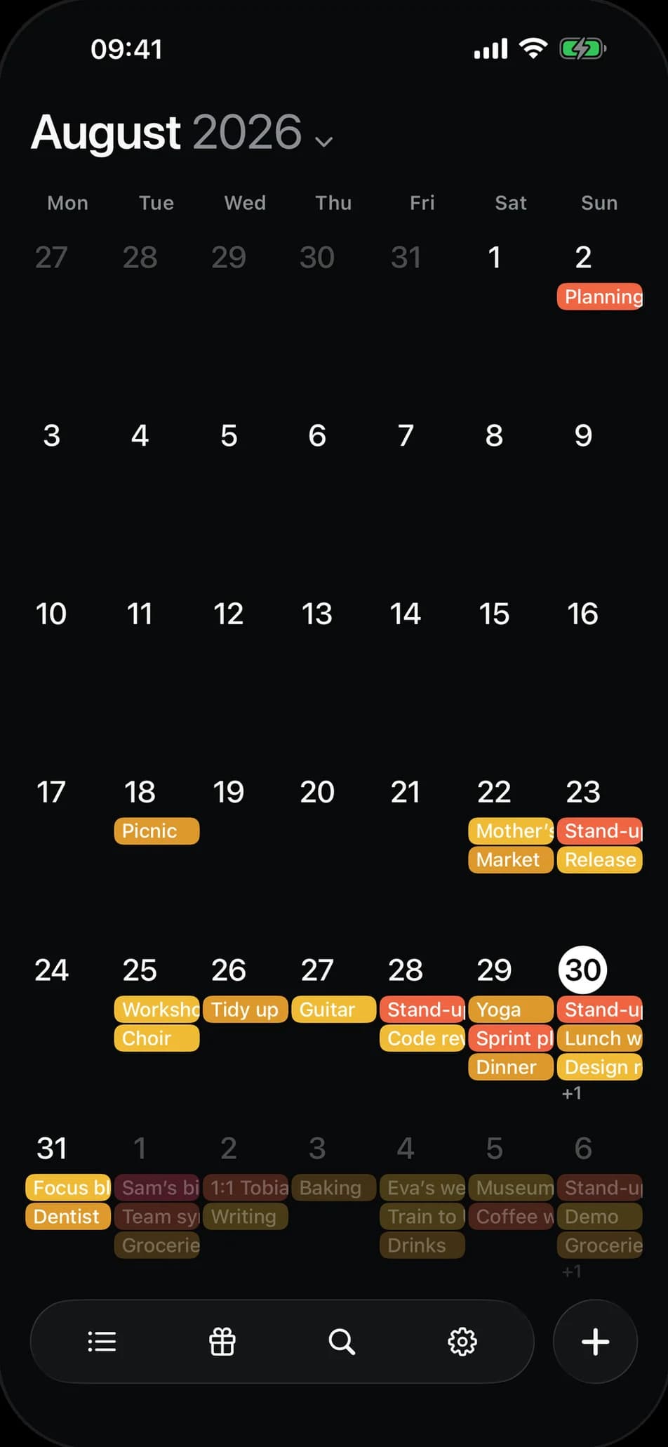 Glance Agenda op een iPhone: donkere maandweergave