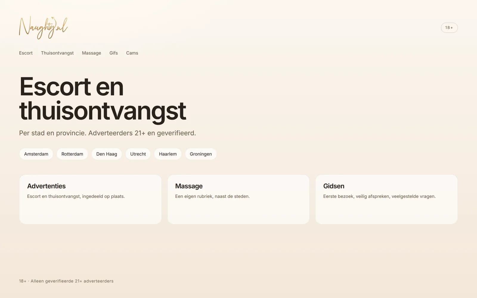 Lichte weergave van Naughty.nl: logo, rubrieken en steden, zonder advertentiefoto’s